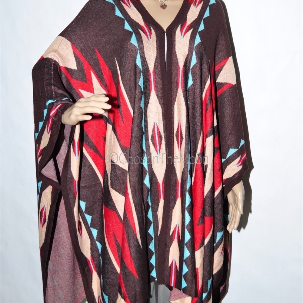 Rancho Estancia Western Boho Poncho, Brown Turqoiuse Red Multi, Size M